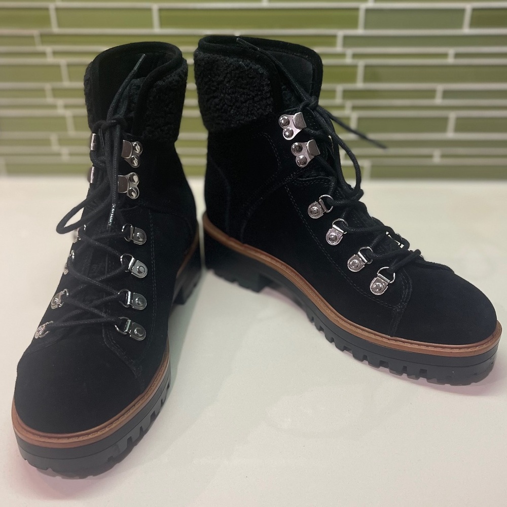 NWOB Marc Fisher Black Suede Faux Fur Trim Lace Up Boots sz 8